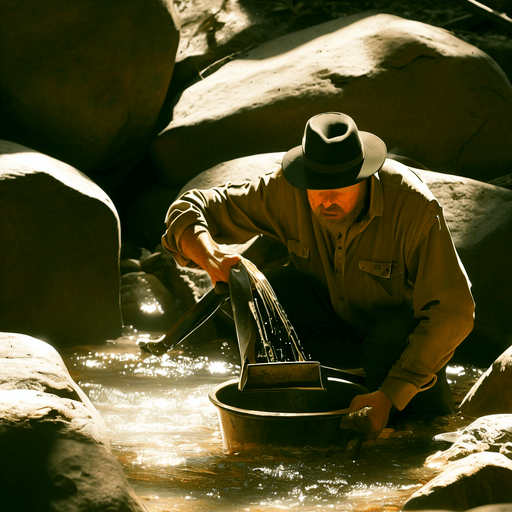 gold prospector panning in a rocky creek